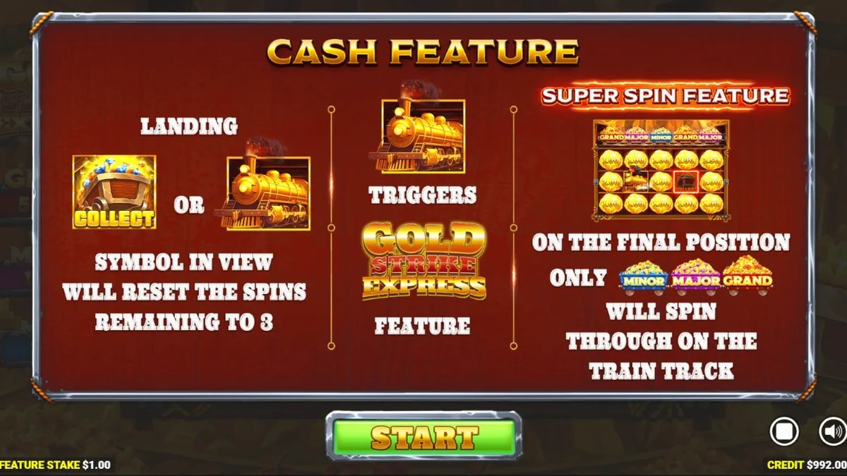 Gold Strike Express slot machine reels and train track feature