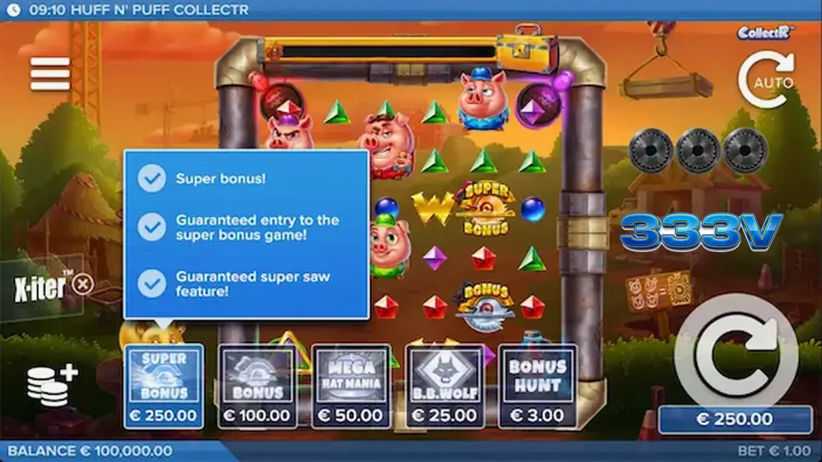 Tampilan visual slot Huff N' Puff CollectR dengan tema babi dan serigala